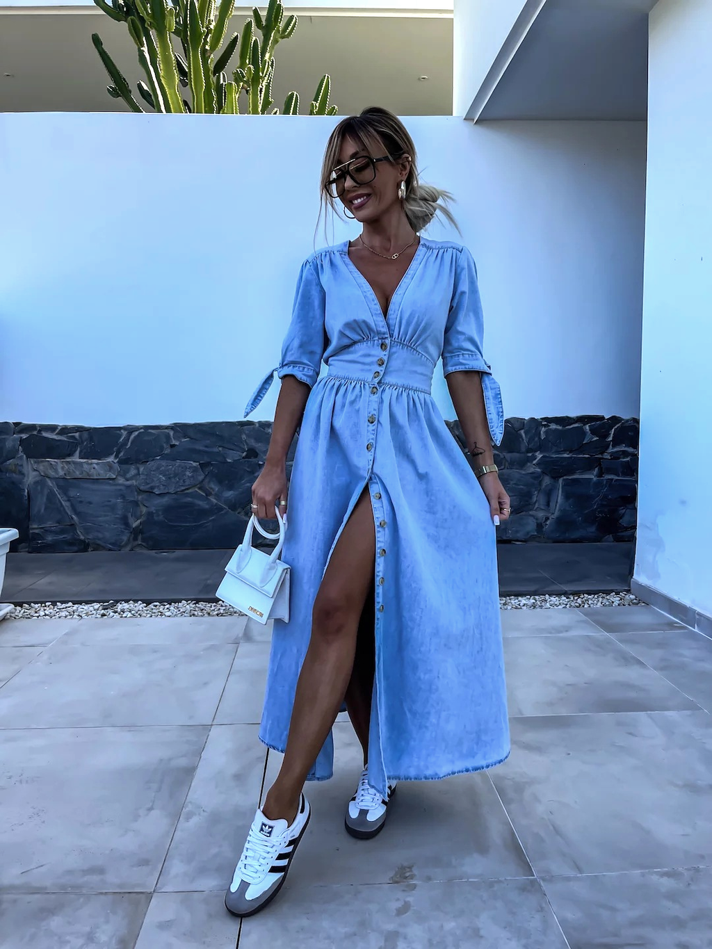 Thessvine | Women's Denim Maxi Dress Button-Front - Light Blue - Image 5
