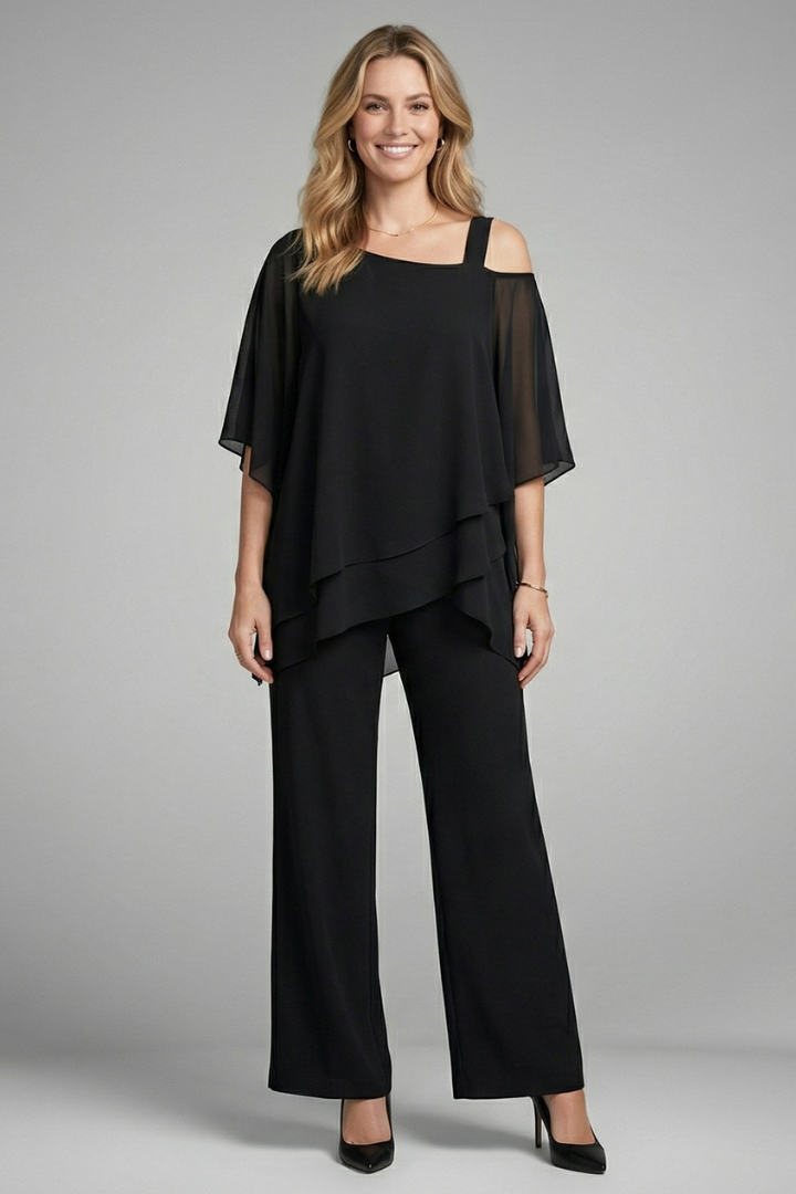 Tilvara | Women's Two Piece Set Chiffon Cape Top & Wide Leg Trousers - Black - Image 1