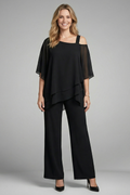 Tilvara | Women's Two Piece Set Chiffon Cape Top & Wide Leg Trousers - Black - Image 1