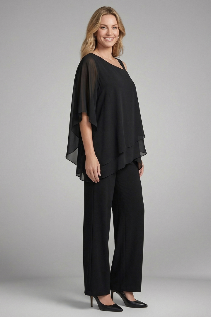 Tilvara | Women's Two Piece Set Chiffon Cape Top & Wide Leg Trousers - Black - Image 3