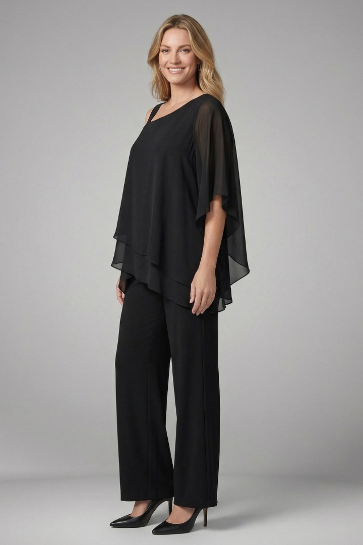 Tilvara | Women's Two Piece Set Chiffon Cape Top & Wide Leg Trousers - Black - Image 4