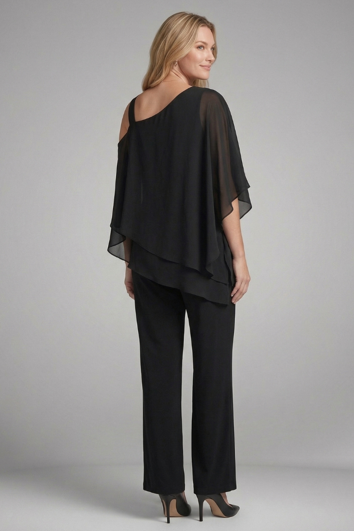 Tilvara | Women's Two Piece Set Chiffon Cape Top & Wide Leg Trousers - Black - Image 5