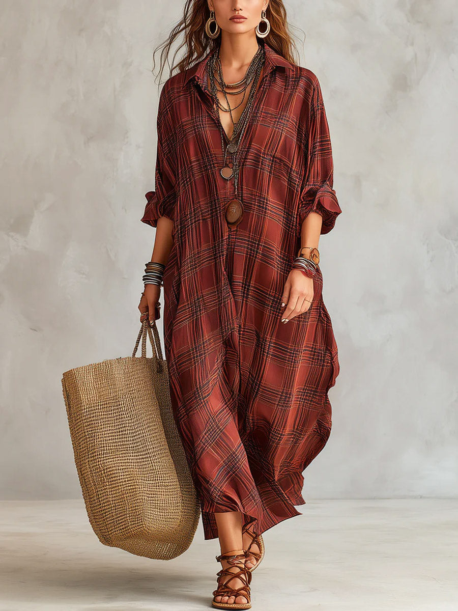 Tilvorne | Women's Plaid Maxi Shirt Dress - Red - Image 1