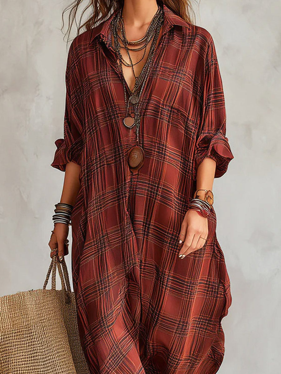 Tilvorne | Women's Plaid Maxi Shirt Dress - Red - Image 3