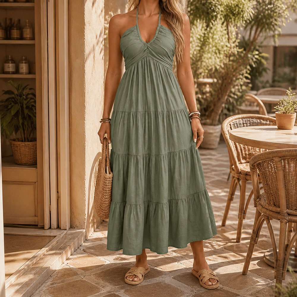 Tivarra | Women's Halter Neck Tiered Maxi Dress - Sage - Image 2
