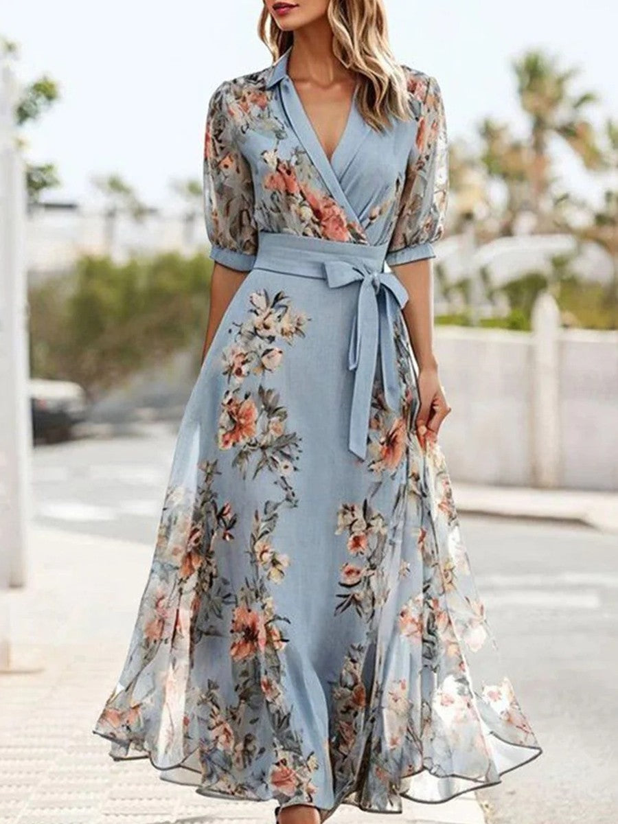 Tivenne | Women's Floral Wrap Maxi Dress - Light Blue - Image 1