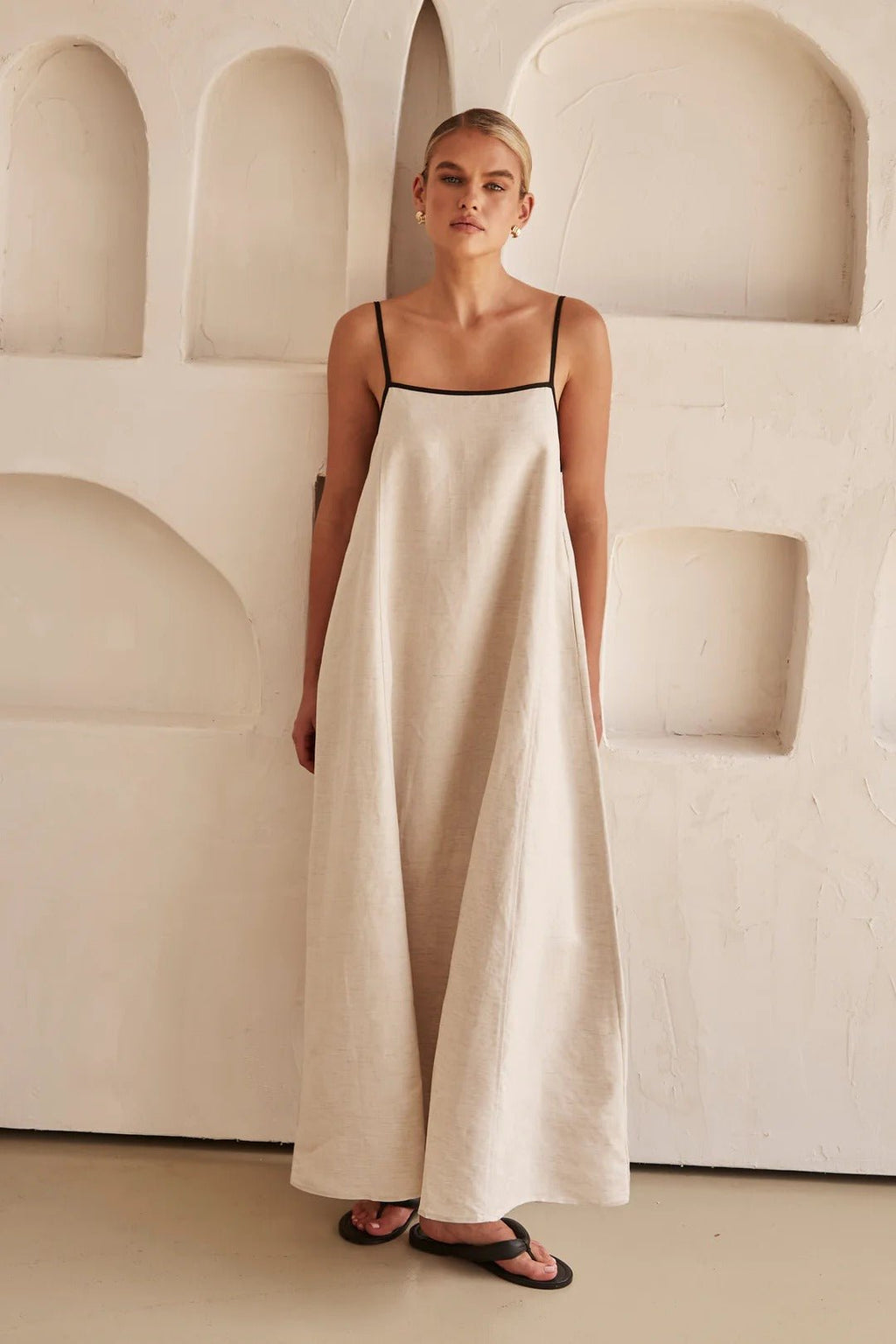 Tivenne | Women's Relaxed Maxi Dress with Contrast Trim - Beige - Image 1