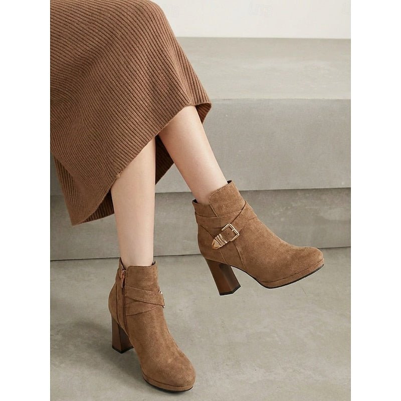 Tolvaine | Women's Block Heel Ankle Boots Buckle Detail - Camel - Image 1
