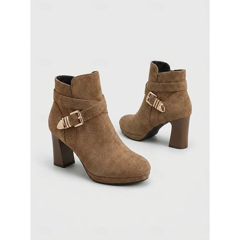 Tolvaine | Women's Block Heel Ankle Boots Buckle Detail - Camel - Image 2