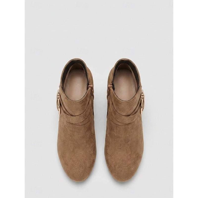 Tolvaine | Women's Block Heel Ankle Boots Buckle Detail - Camel - Image 3