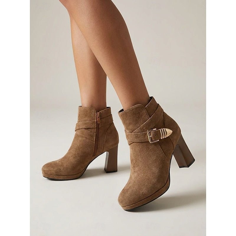 Tolvaine | Women's Block Heel Ankle Boots Buckle Detail - Camel - Image 5