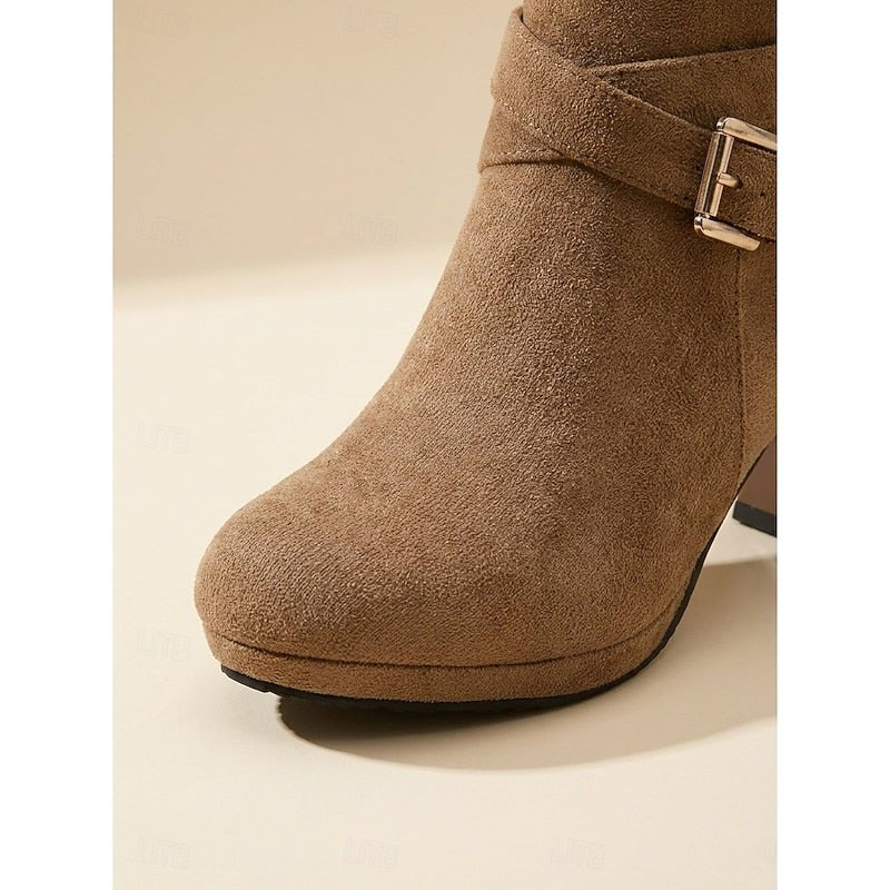 Tolvaine | Women's Block Heel Ankle Boots Buckle Detail - Camel - Image 6