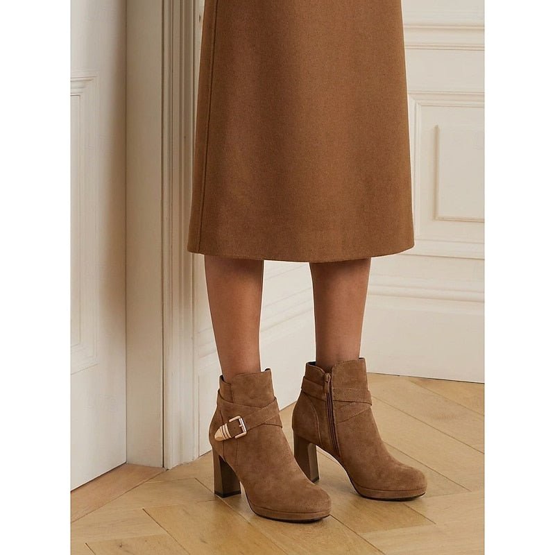 Tolvaine | Women's Block Heel Ankle Boots Buckle Detail - Camel - Image 8
