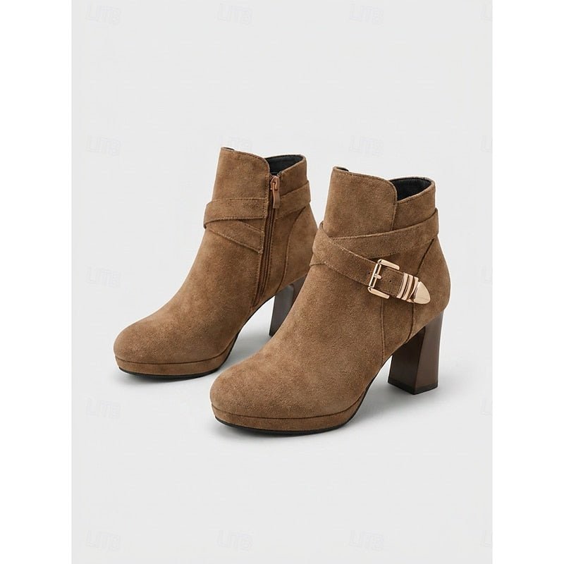 Tolvaine | Women's Block Heel Ankle Boots Buckle Detail - Camel - Image 9