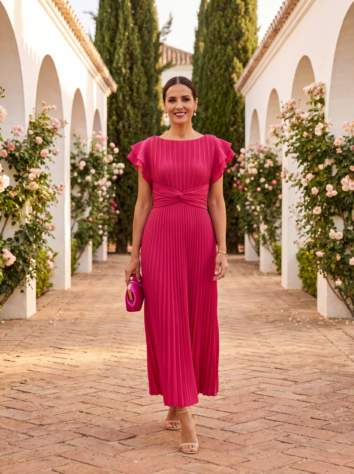 Tolvara | Women's Pleated Evening Gown Dress - Hot Pink - Image 1