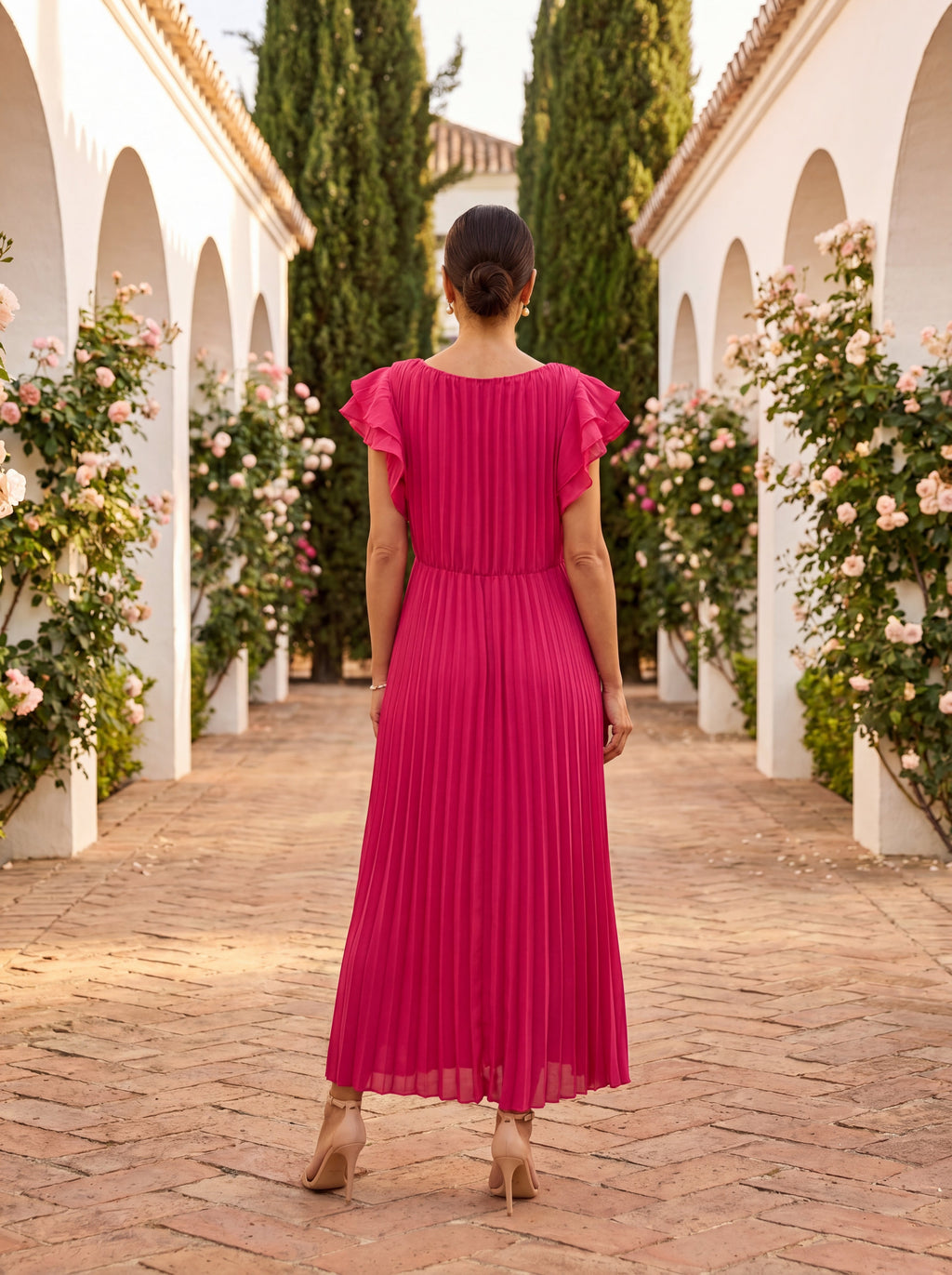 Tolvara | Women's Pleated Evening Gown Dress - Hot Pink - Image 4