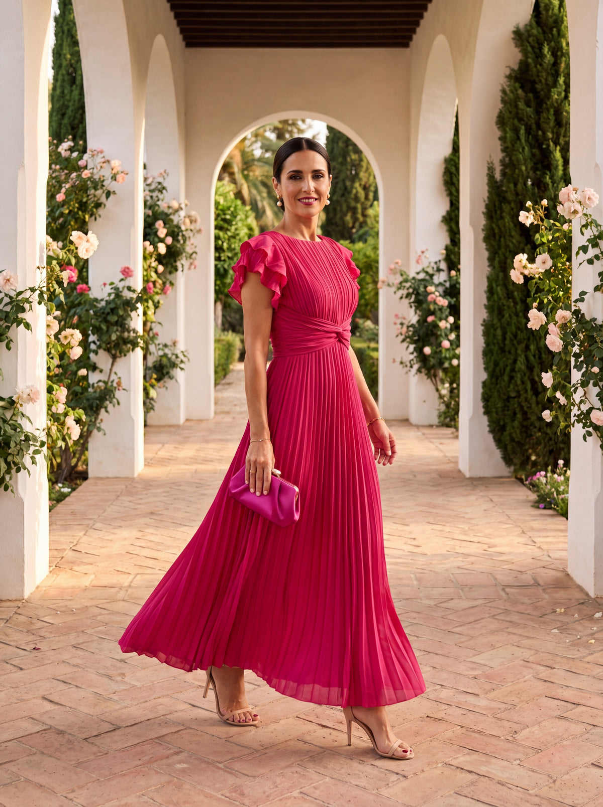 Tolvara | Women's Pleated Evening Gown Dress - Hot Pink - Image 5