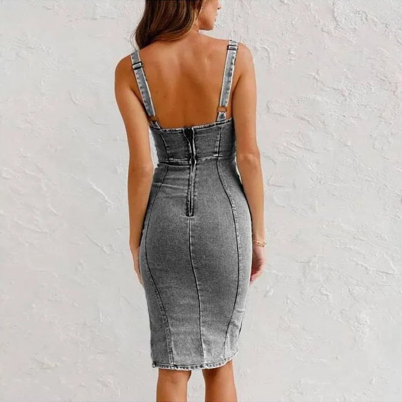 Valmeira | Women's Denim Midi Dress Side Slit Bodycon - Light Blue - Image 9