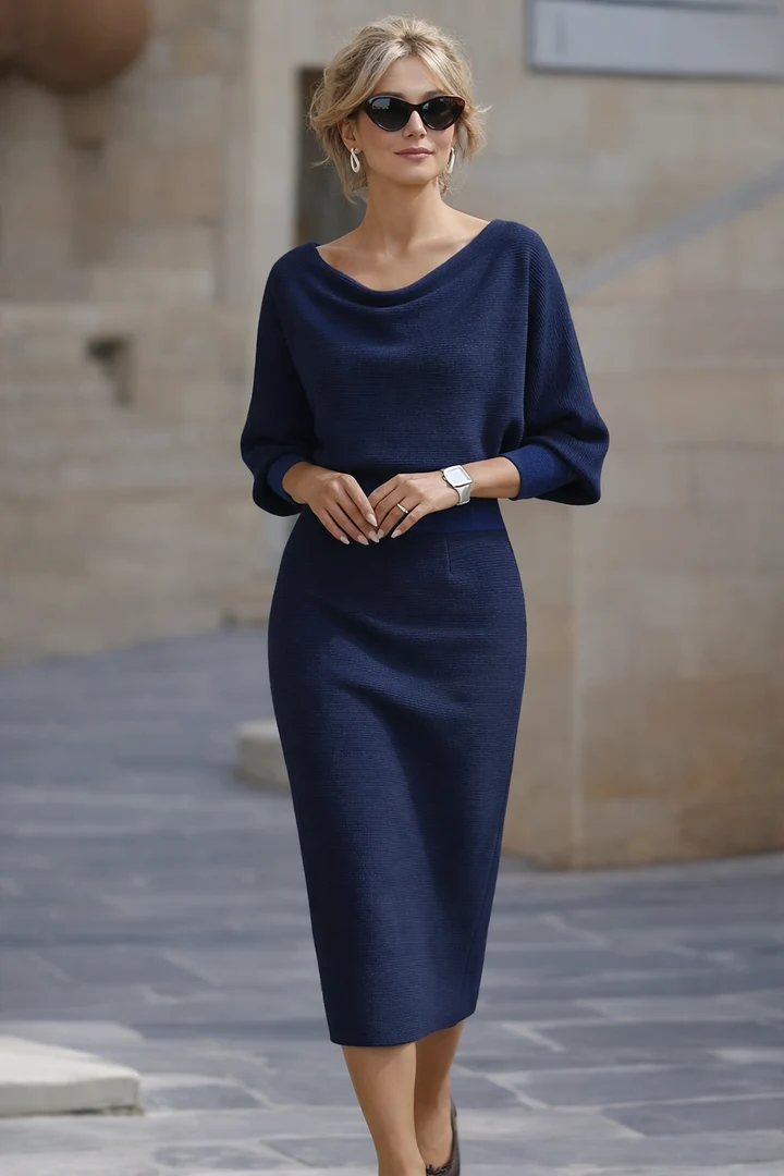 Valmere | Women's Cowl Neck Batwing Midi Dress - Navy - Image 1