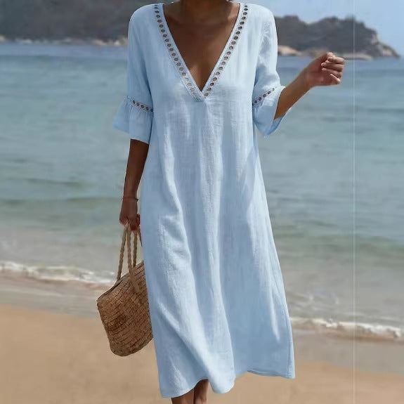 Veldaine | Women's Maxi Dress V-Neck Beach Style - Light Blue - Image 1