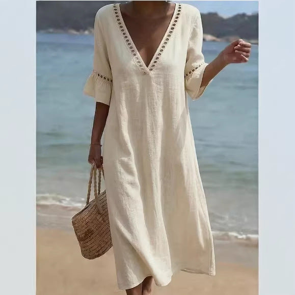Veldaine | Women's Maxi Dress V-Neck Beach Style - Light Blue - Image 2