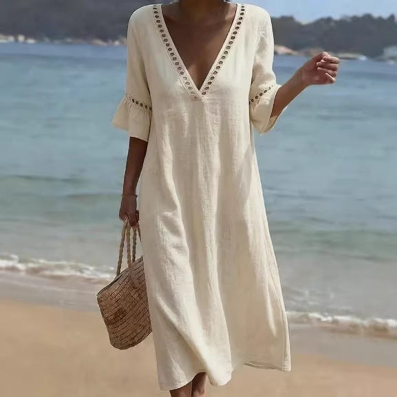 Veldaine | Women's Maxi Dress V-Neck Beach Style - Light Blue - Image 4