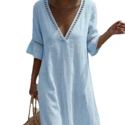 Veldaine | Women's Maxi Dress V-Neck Beach Style - Light Blue - Image 5