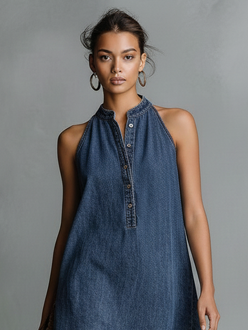 Veldara | Women's Casual Summer Denim Mini Dress - Blue - Image 4