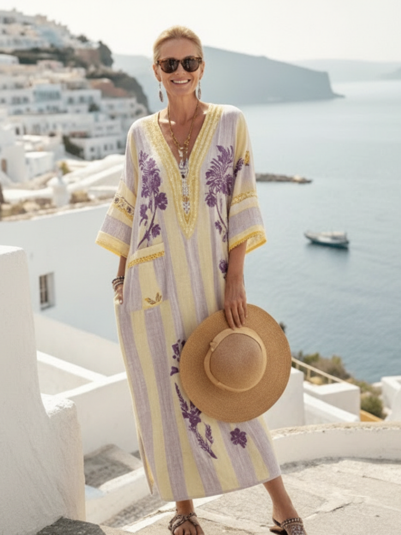 Veldara | Women's Floral Maxi Dress Striped Kaftan - Image 3