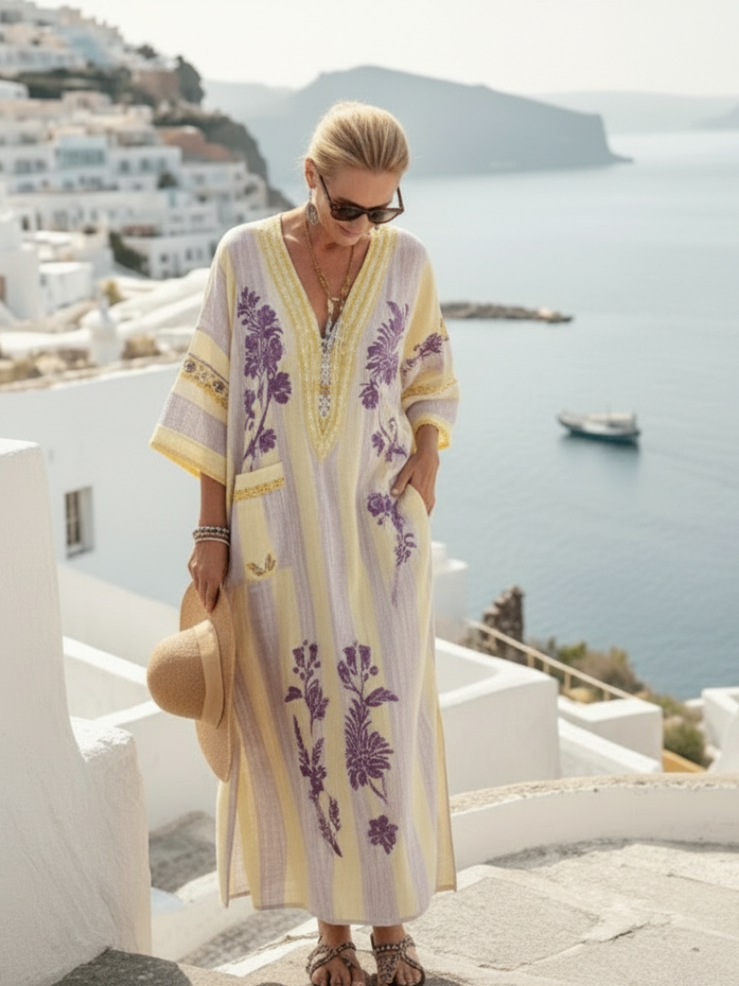 Veldara | Women's Floral Maxi Dress Striped Kaftan - Image 4