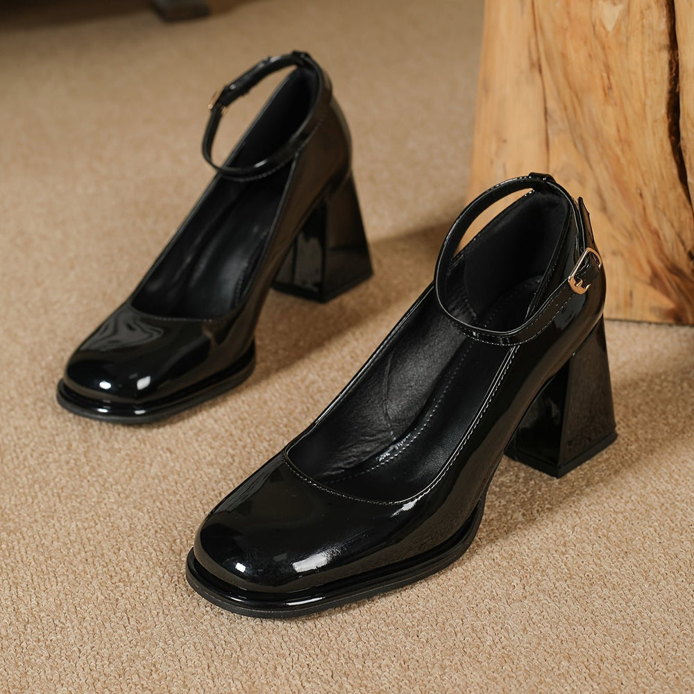 Veldara | Women's Patent Ankle Strap Block Heels - Black - Image 2
