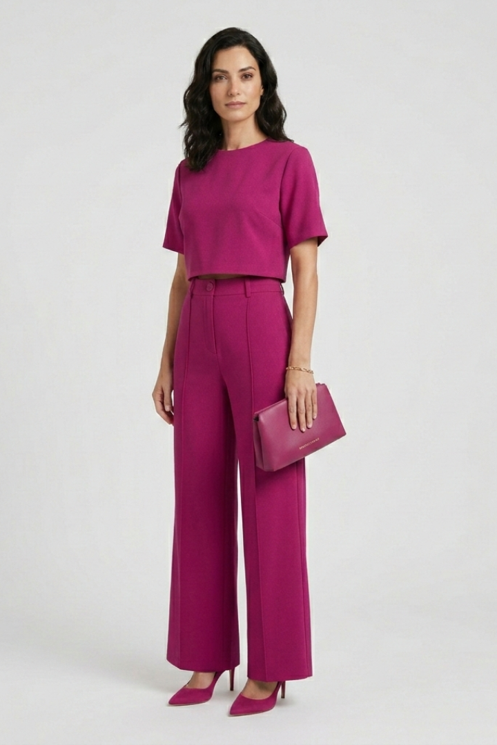 Veldoune | Women's Two Piece Set Crop Top & Wide Leg Trousers - Hot Pink - Image 4