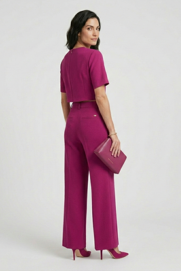 Veldoune | Women's Two Piece Set Crop Top & Wide Leg Trousers - Hot Pink - Image 5