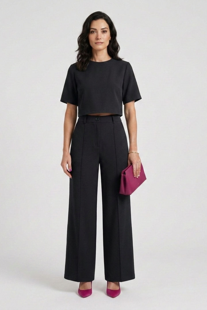 Veldoune | Women's Two Piece Set Crop Top & Wide Leg Trousers - Hot Pink - Image 9