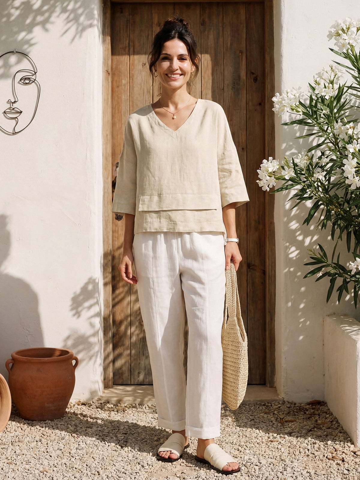 Veldourne | Women's Linen Top V-Neck Relaxed Blouse - Light Blue - Image 11