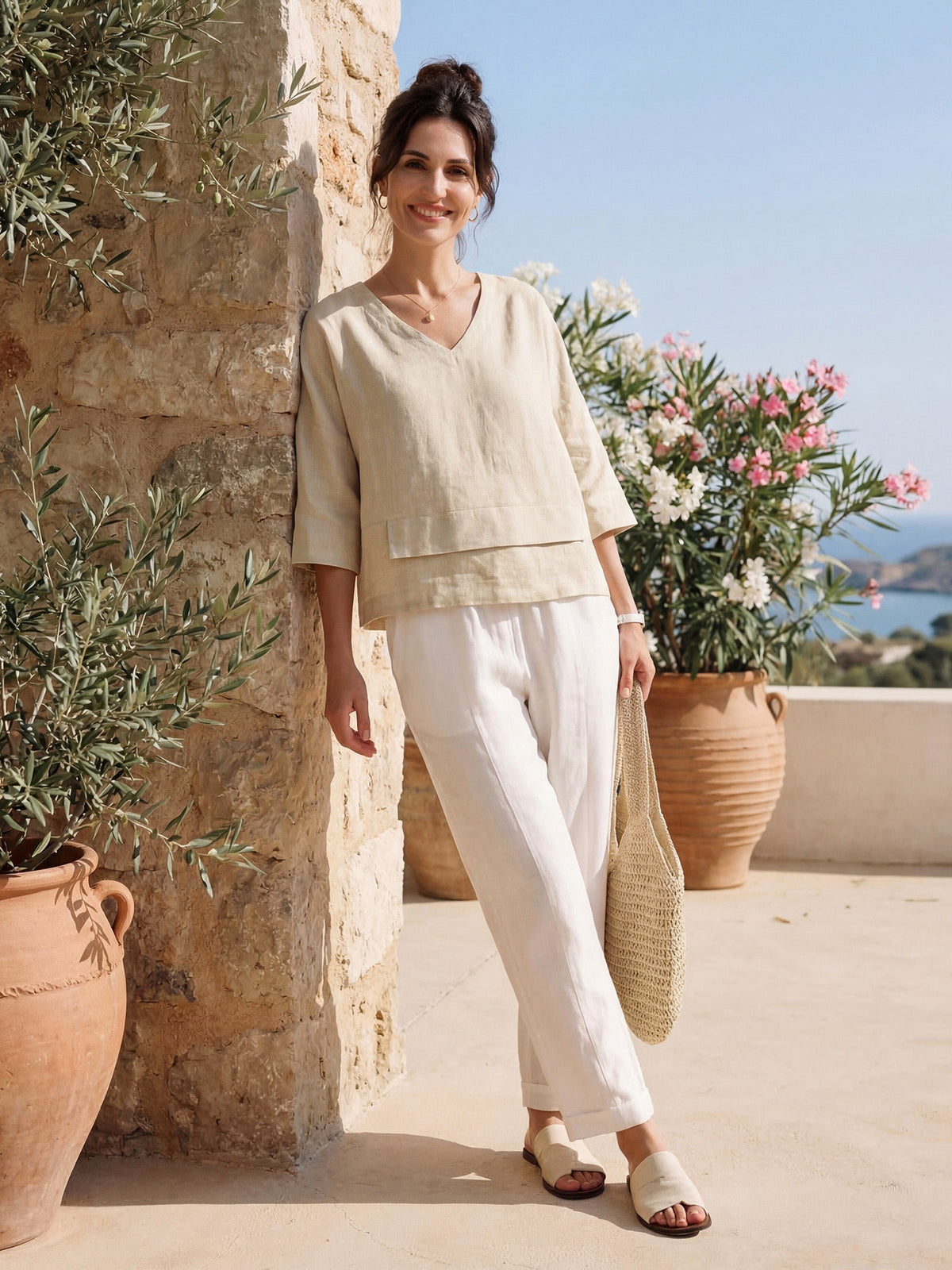 Veldourne | Women's Linen Top V-Neck Relaxed Blouse - Light Blue - Image 12