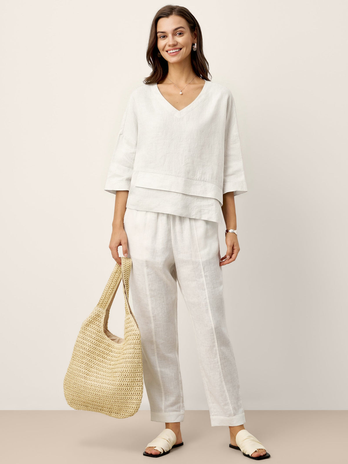 Veldourne | Women's Linen Top V-Neck Relaxed Blouse - Light Blue - Image 19