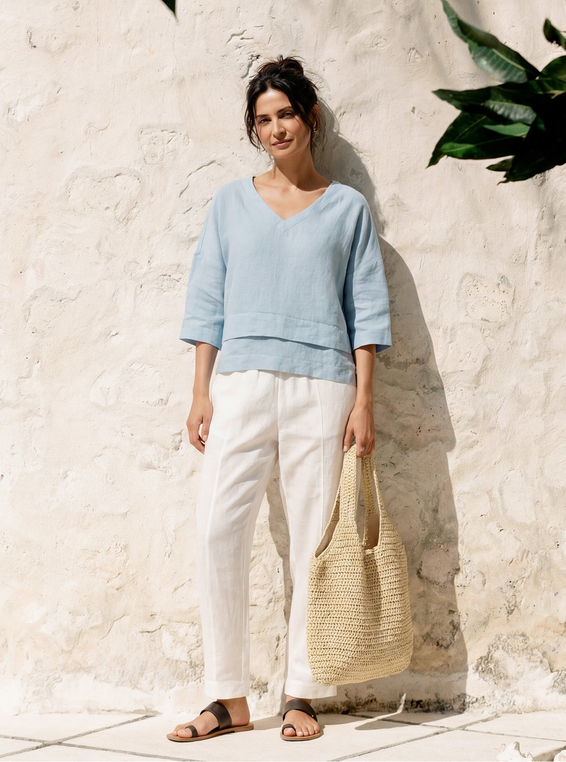 Veldourne | Women's Linen Top V-Neck Relaxed Blouse - Light Blue - Image 2