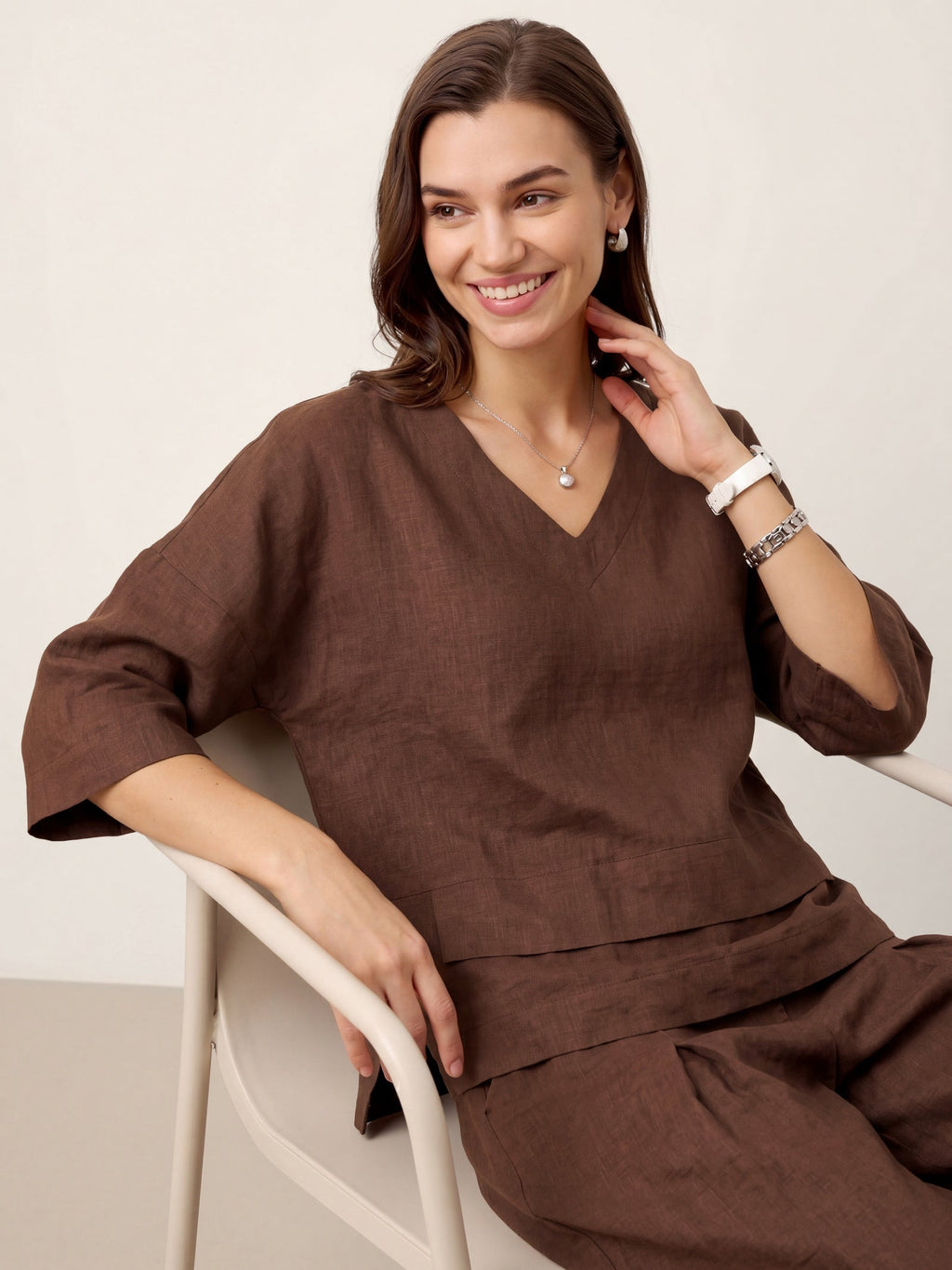 Veldourne | Women's Linen Top V-Neck Relaxed Blouse - Light Blue - Image 28