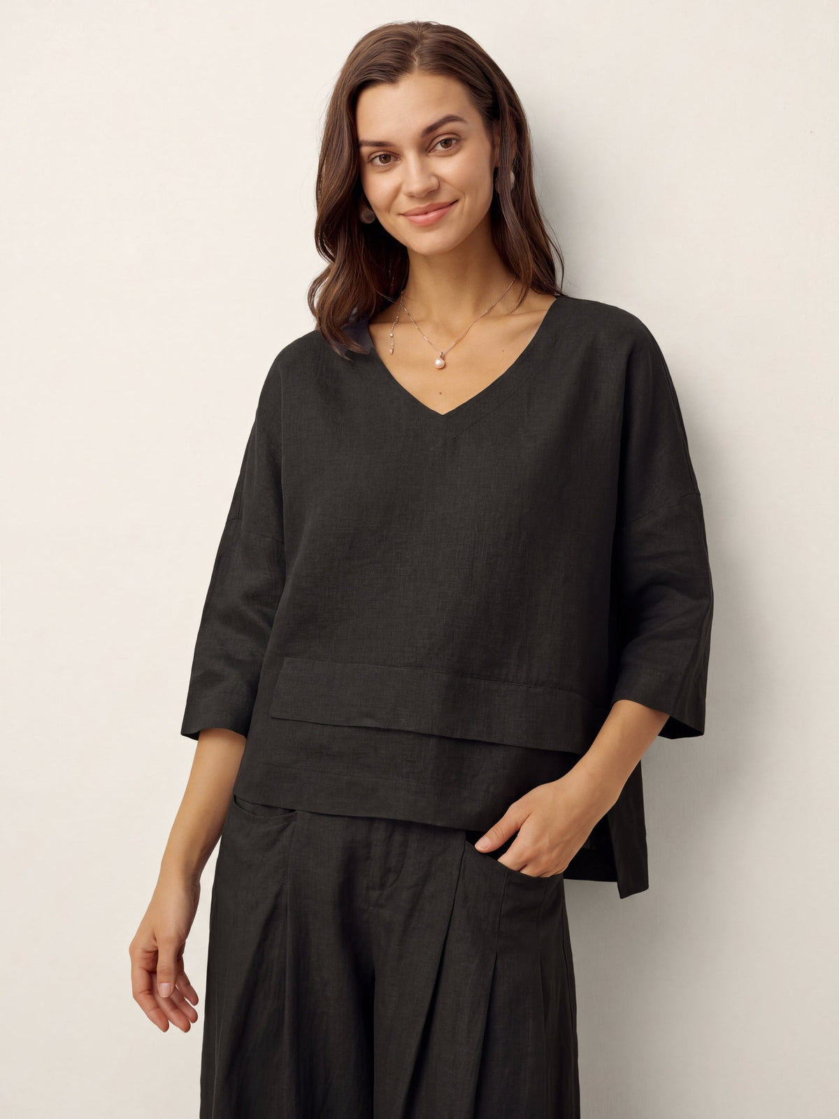 Veldourne | Women's Linen Top V-Neck Relaxed Blouse - Light Blue - Image 29