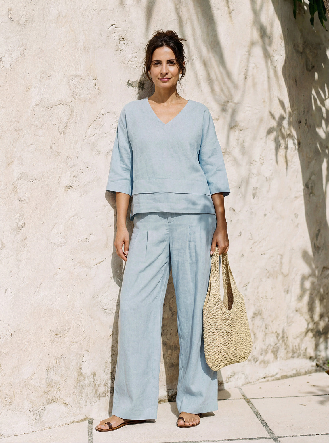 Veldourne | Women's Linen Top V-Neck Relaxed Blouse - Light Blue - Image 3
