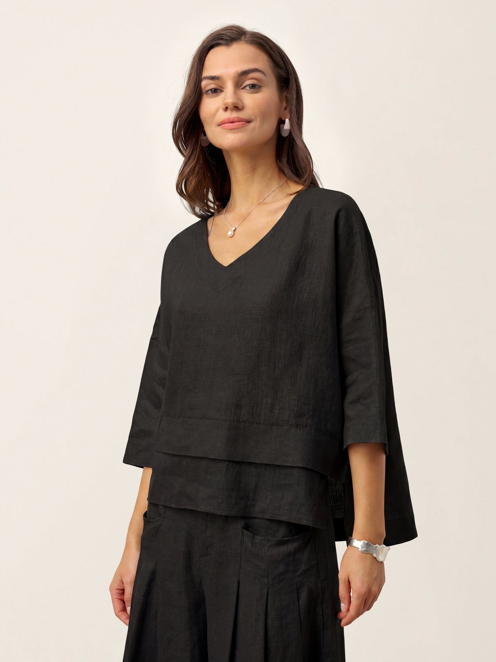 Veldourne | Women's Linen Top V-Neck Relaxed Blouse - Light Blue - Image 32