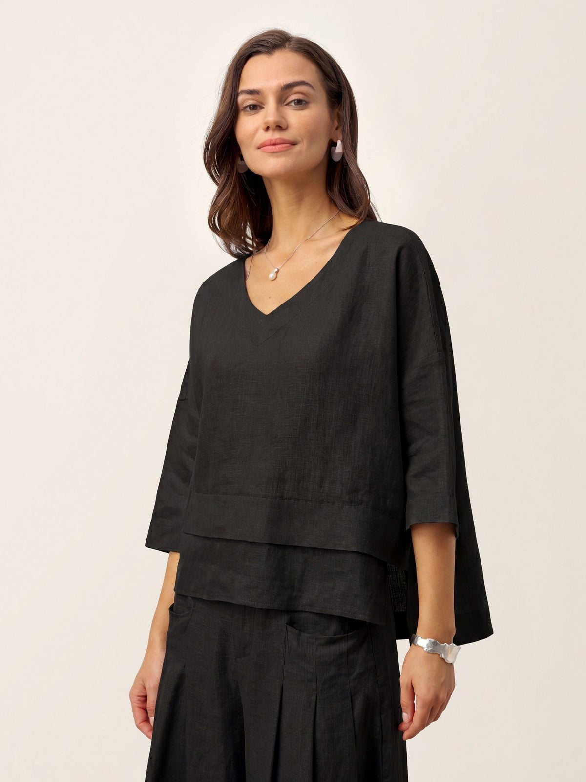 Veldourne | Women's Linen Top V-Neck Relaxed Blouse - Light Blue - Image 32