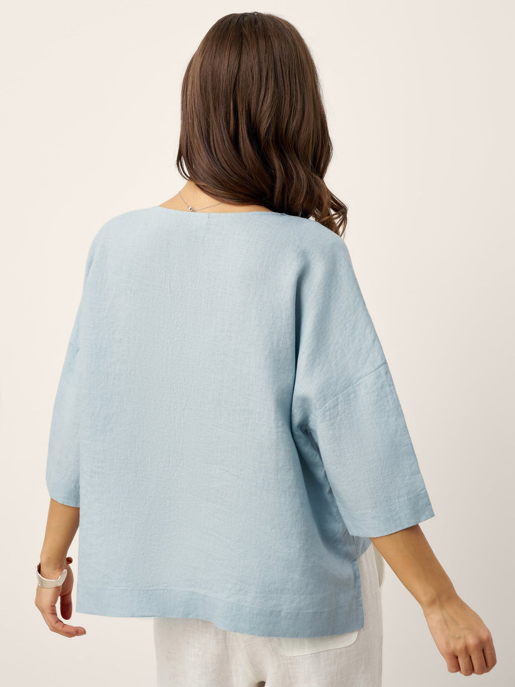 Veldourne | Women's Linen Top V-Neck Relaxed Blouse - Light Blue - Image 6