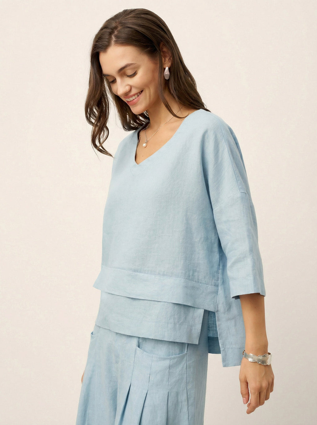 Veldourne | Women's Linen Top V-Neck Relaxed Blouse - Light Blue - Image 7