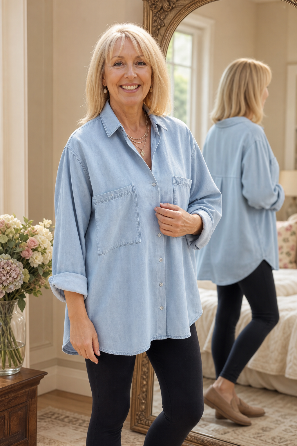 Veldourne | Women's Oversized Denim Shirt Tunic Top - Light Blue - Image 3
