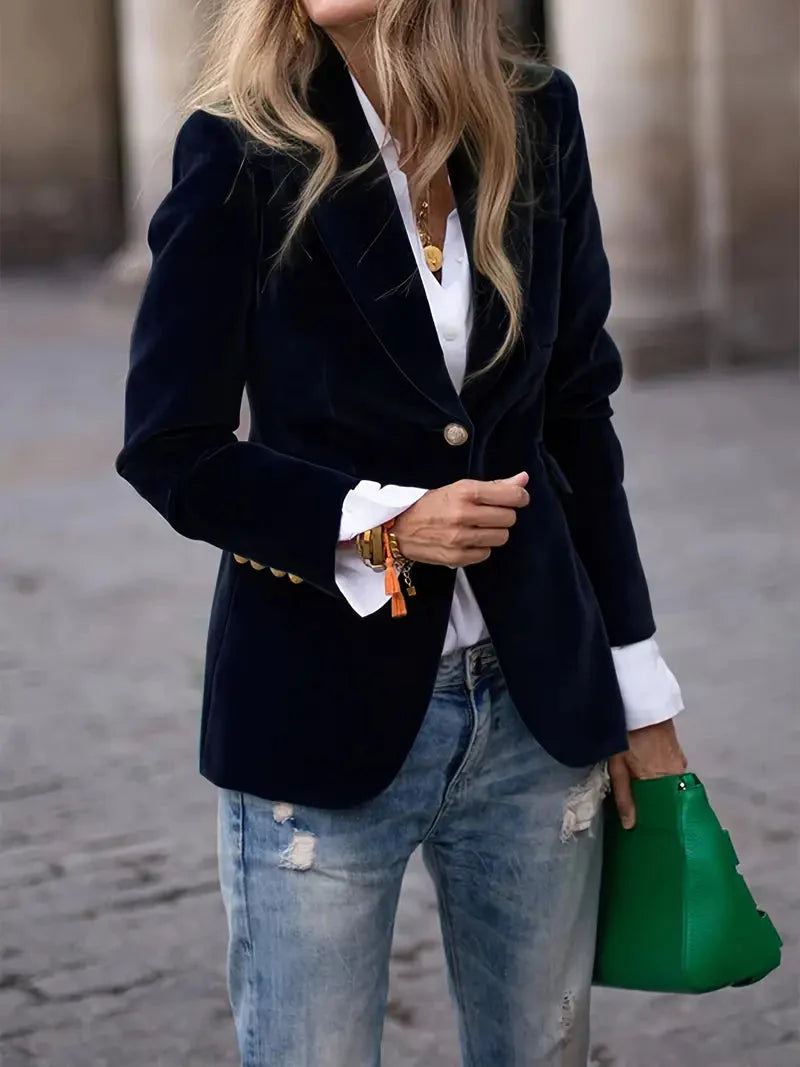 Veldowyn | Women's Velvet Tailored Blazer - Navy - Image 1