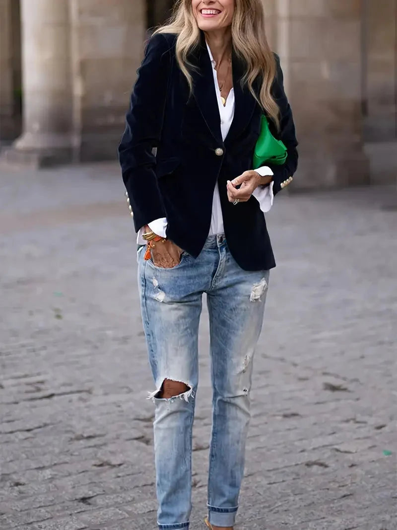 Veldowyn | Women's Velvet Tailored Blazer - Navy - Image 3