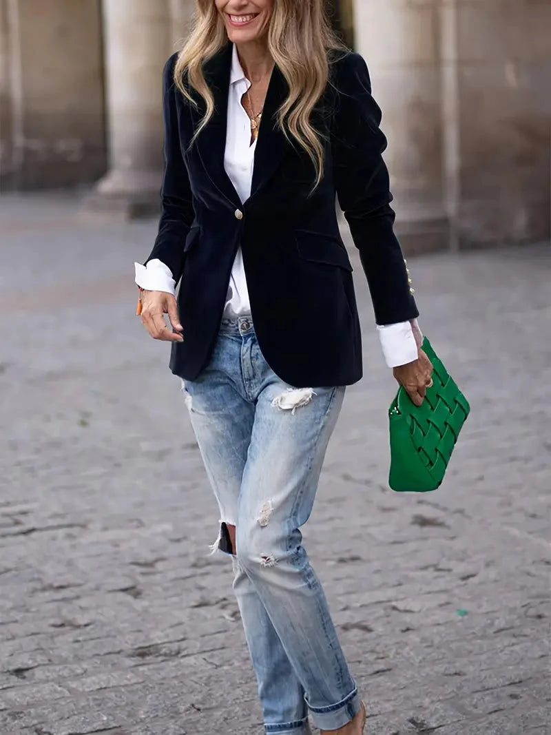 Veldowyn | Women's Velvet Tailored Blazer - Navy - Image 5