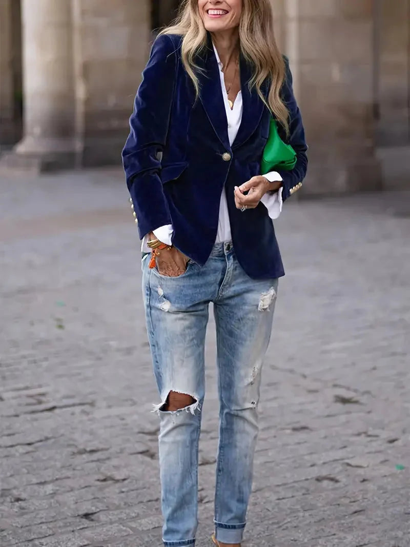 Veldowyn | Women's Velvet Tailored Blazer - Navy - Image 8